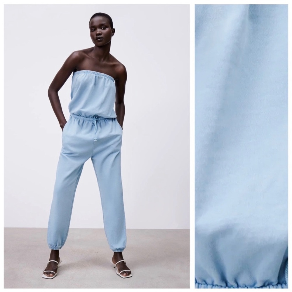 Zara Blue Sweat Strapless Jumpsuit Sz L